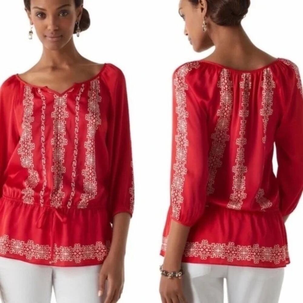 WHBM Red Embroidered Silky Peplum Blouse Size 8 - Picture 2 of 8